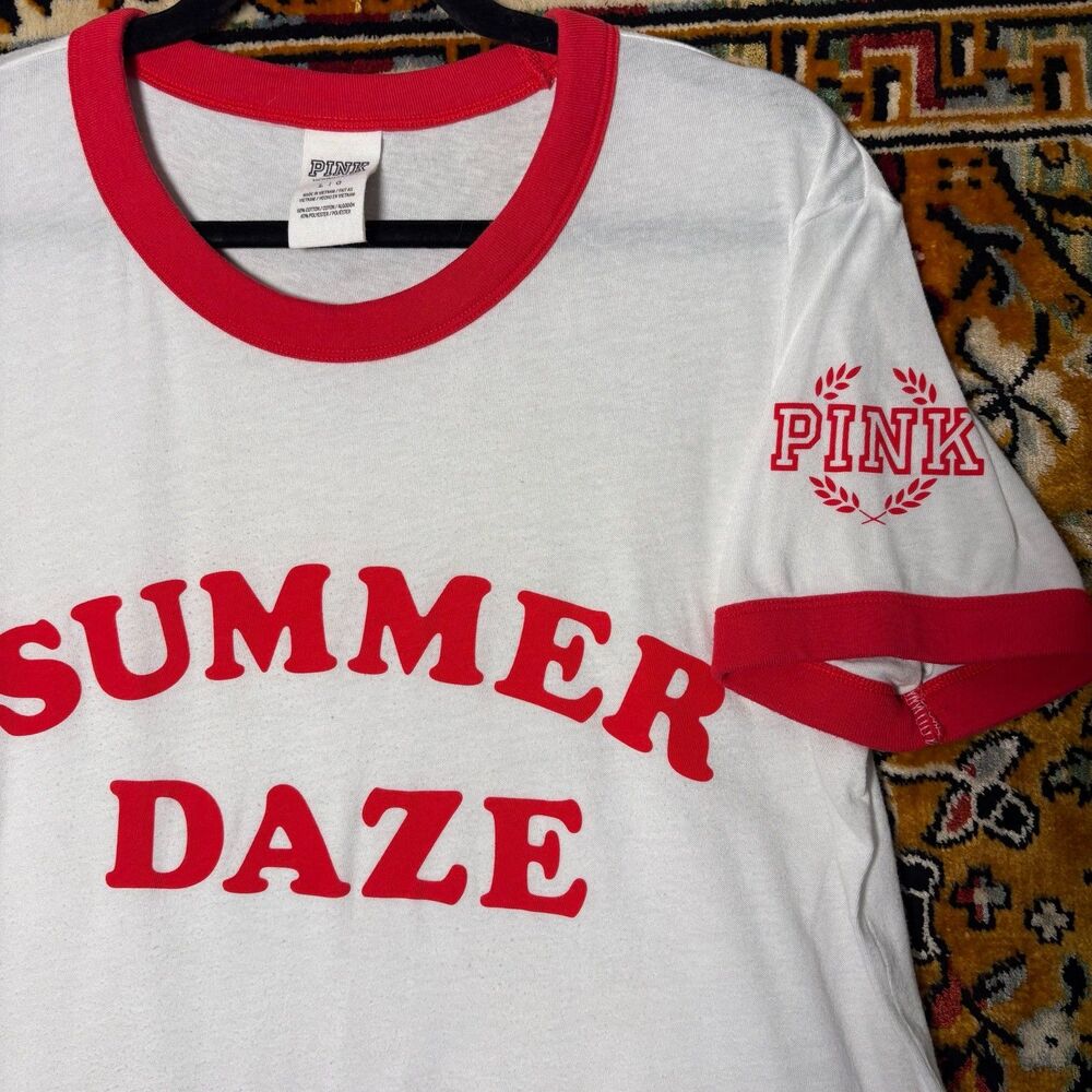 PINK Victoria's Secret "Summer Daze" Red Ringer Graphic Tee Size L - Picture 3 of 6